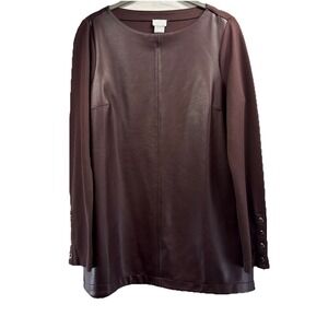 Chicos Women's Faux Leather Tunic Top Sz‎ Small Solid Brown Knit Back Stretch